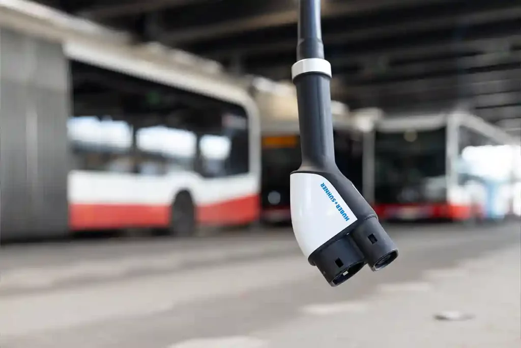 Electric charger at a bus depot with e-buses.